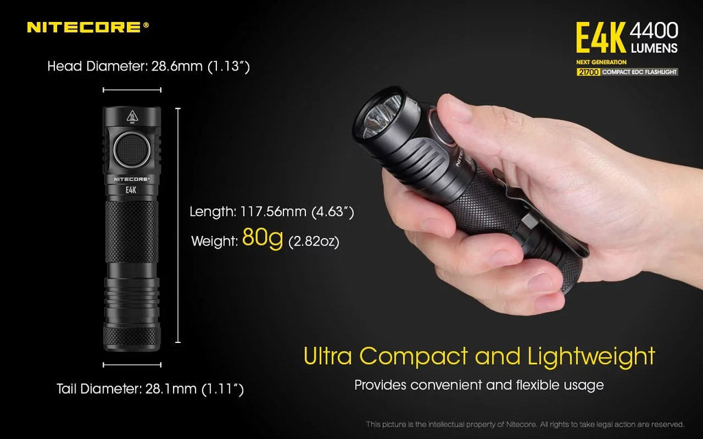 Combo: NITECORE E4K Next generation Flashlight - 4400 Lumens w/Tip Copper Keychain Light -360 Lumens