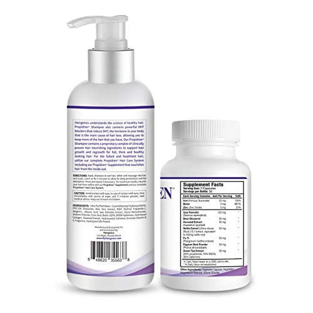 Propidren Combo Pack - DHT Blocker & Hair Growth Supplement (1 Bottle, 60 Count) & Shampoo (1 Bottle, 8 Ounces) to Prevent & Stop Hair Loss & Regrow Hair. Proprietary Hair Regrowth Treatment