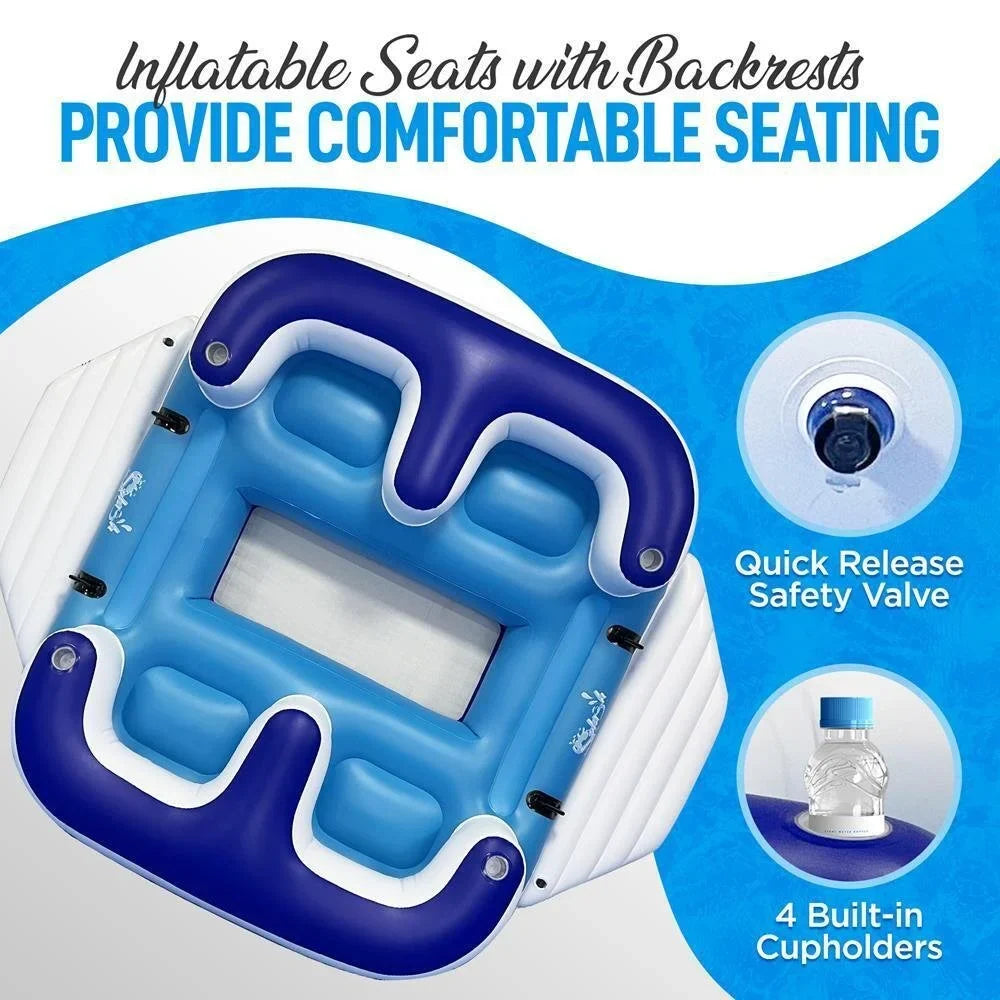 SereneLifeHome Inflatable 4- Person Floating Island Raft, Party Island Raft w/ 4 Drink Holders, Use Lounging on Lake, Beach River or Pool