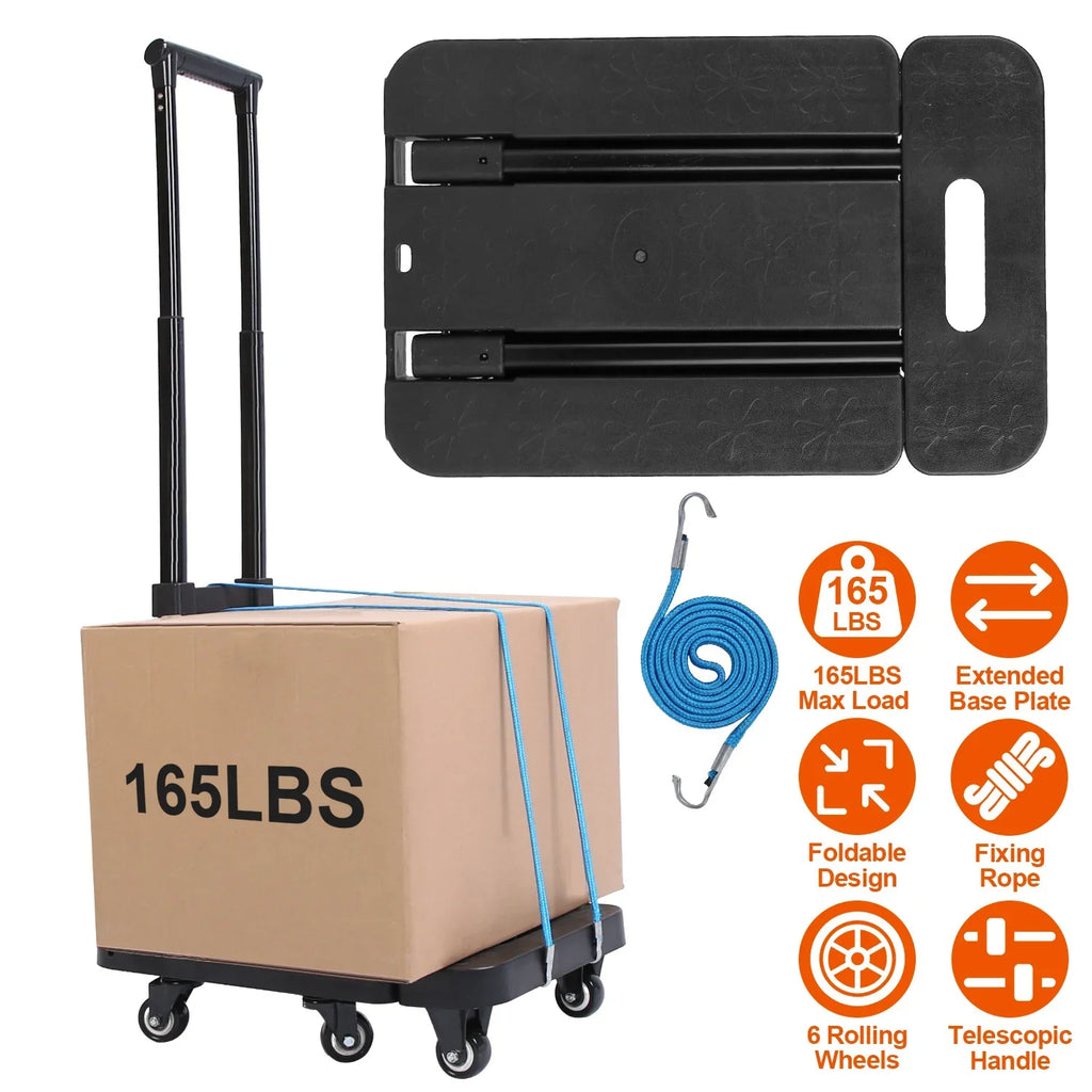 Folding Hand Truck iMounTEK 165LBS Heavy Duty Luggage Cart Utility Dolly Platm Cart Luggage with Retractable Handle 1 Elastic Ropes Black