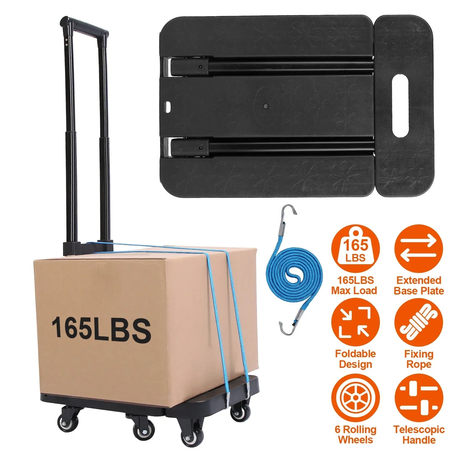 Folding Hand Truck iMounTEK 165LBS Heavy Duty Luggage Cart Utility Dolly Platm Cart Luggage with Retractable Handle 1 Elastic Ropes Black