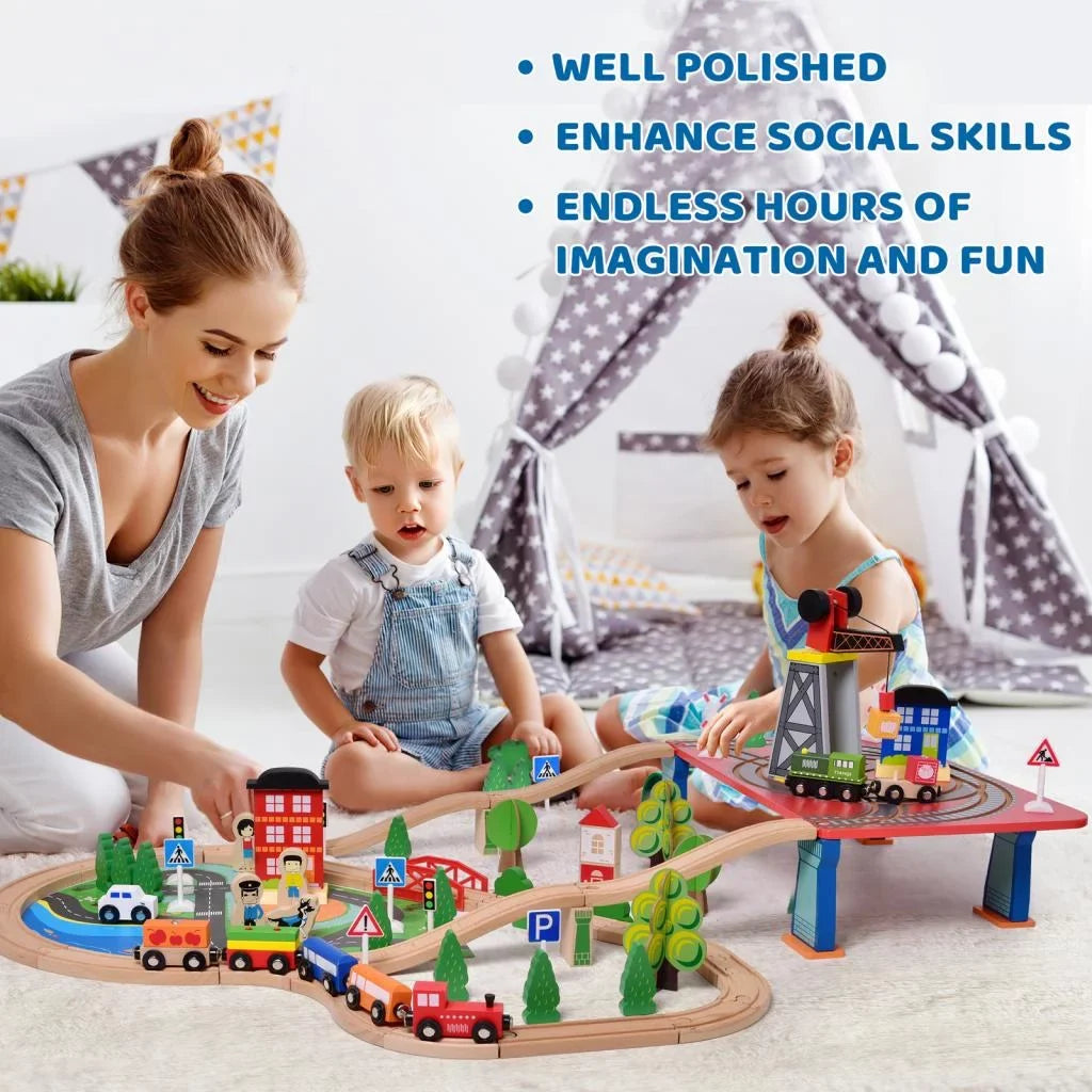 Fun Little Toys 88PCs Wooden Play Set, Enchanting Wooden Train Set Toddlers Age 3+