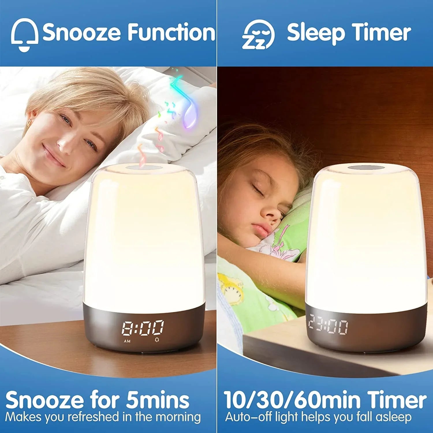 Sunrise Simulation Alarm Clock Wake Up Light Heavy Sleepers Adults, Dimmable Sun Lamp Kid Bedroom Nursery Bedside Night Light Sleep Aid, 7 RGB Lights, 7 Natural Sound Alarms, Snooze Timer