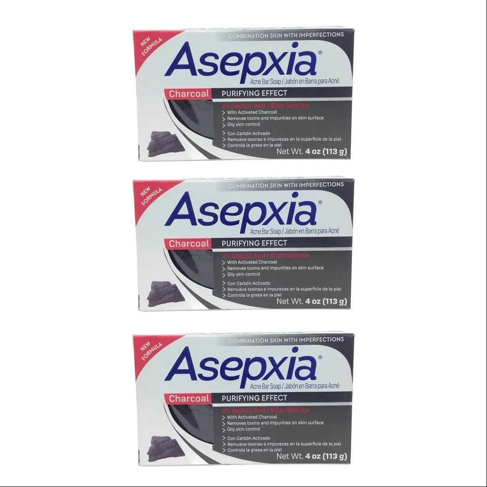 Asepxia Charcoal Cleansing Bar Soap Acne and Blackheads. Removes Impurities and Toxins. Helps Oily Skin with Salycilic Acid. 4 oz. Pack of 3