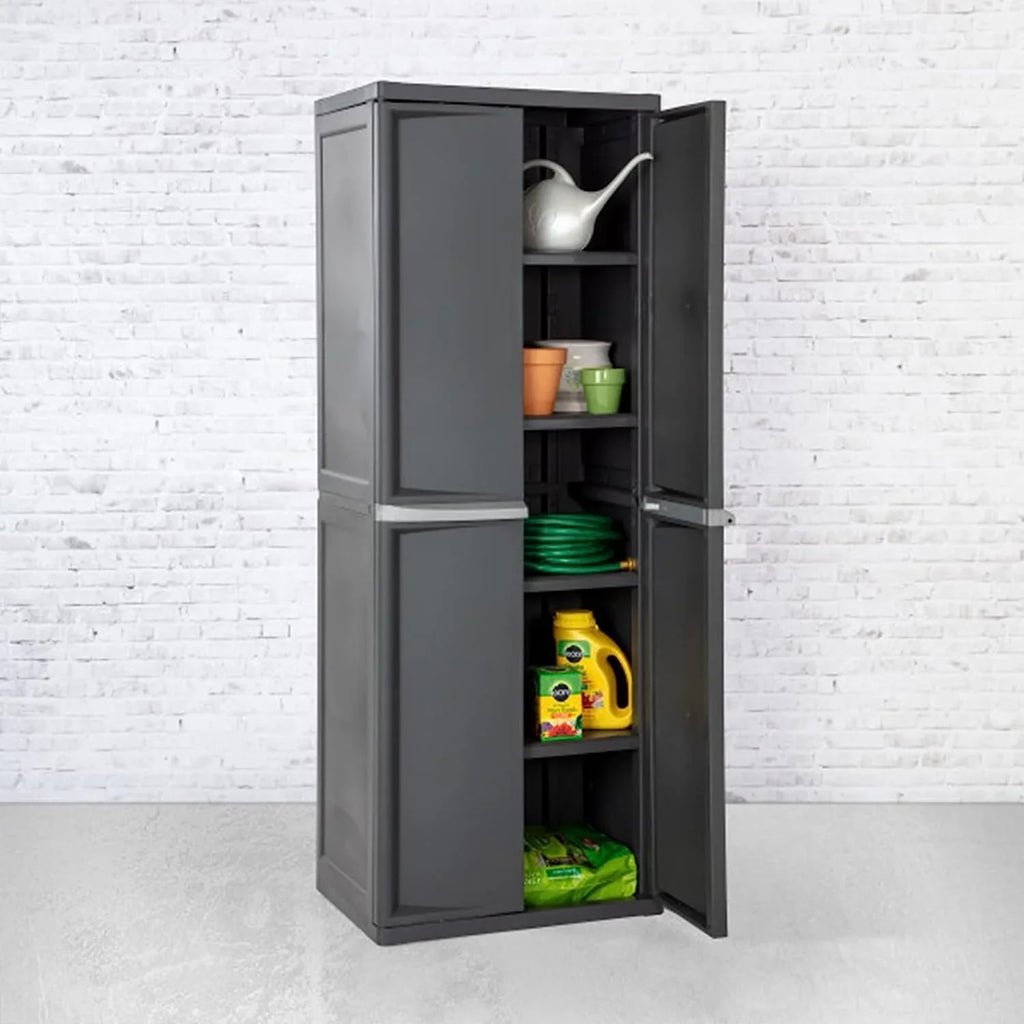 HOZO 4 Shelf Cabinet, Heavy Duty and Easy to Assemble Plastic Storage Unit, Organize Bins in the Garage, Basement, Attic, Mudroom, Gray, 1-Pack