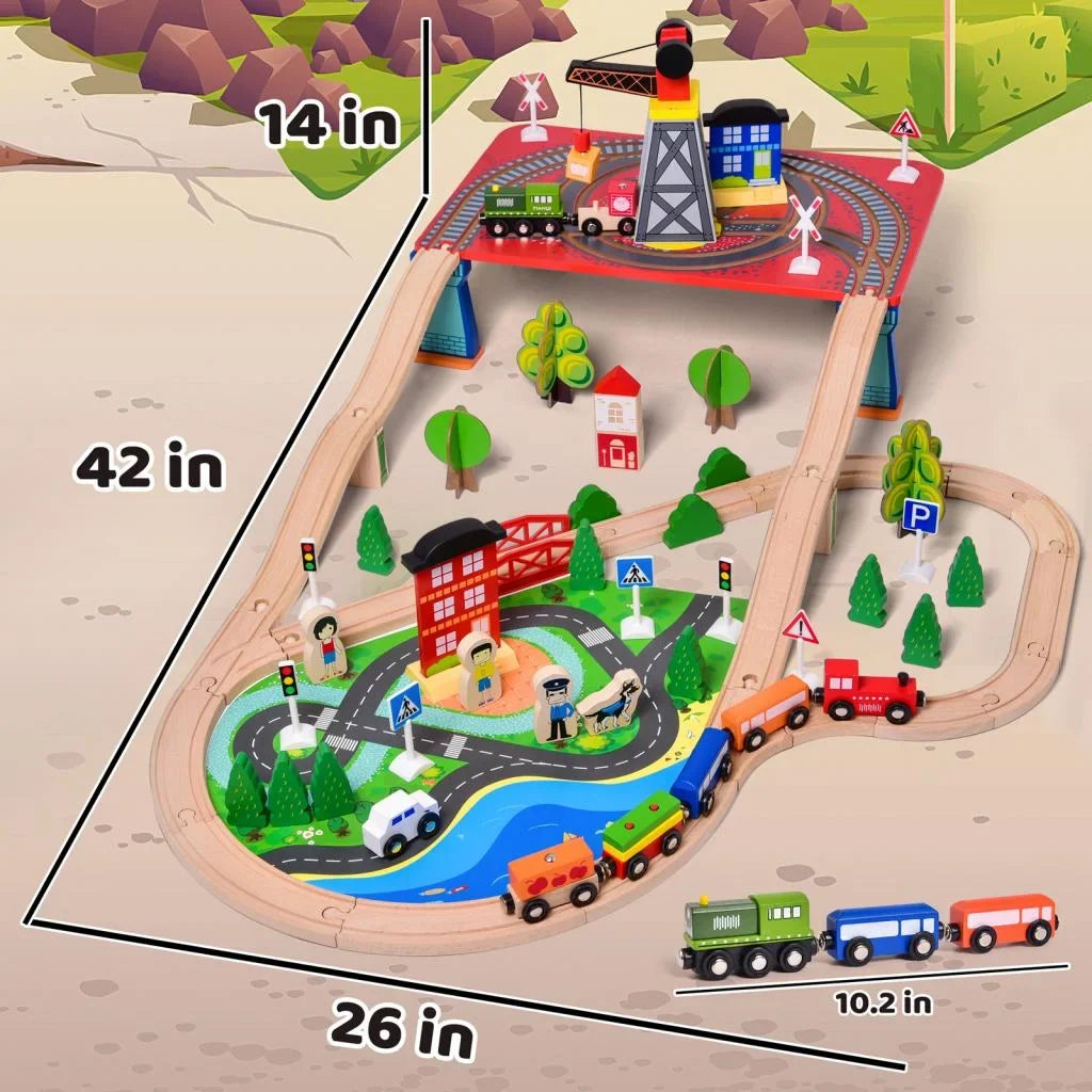 Fun Little Toys 88PCs Wooden Play Set, Enchanting Wooden Train Set Toddlers Age 3+