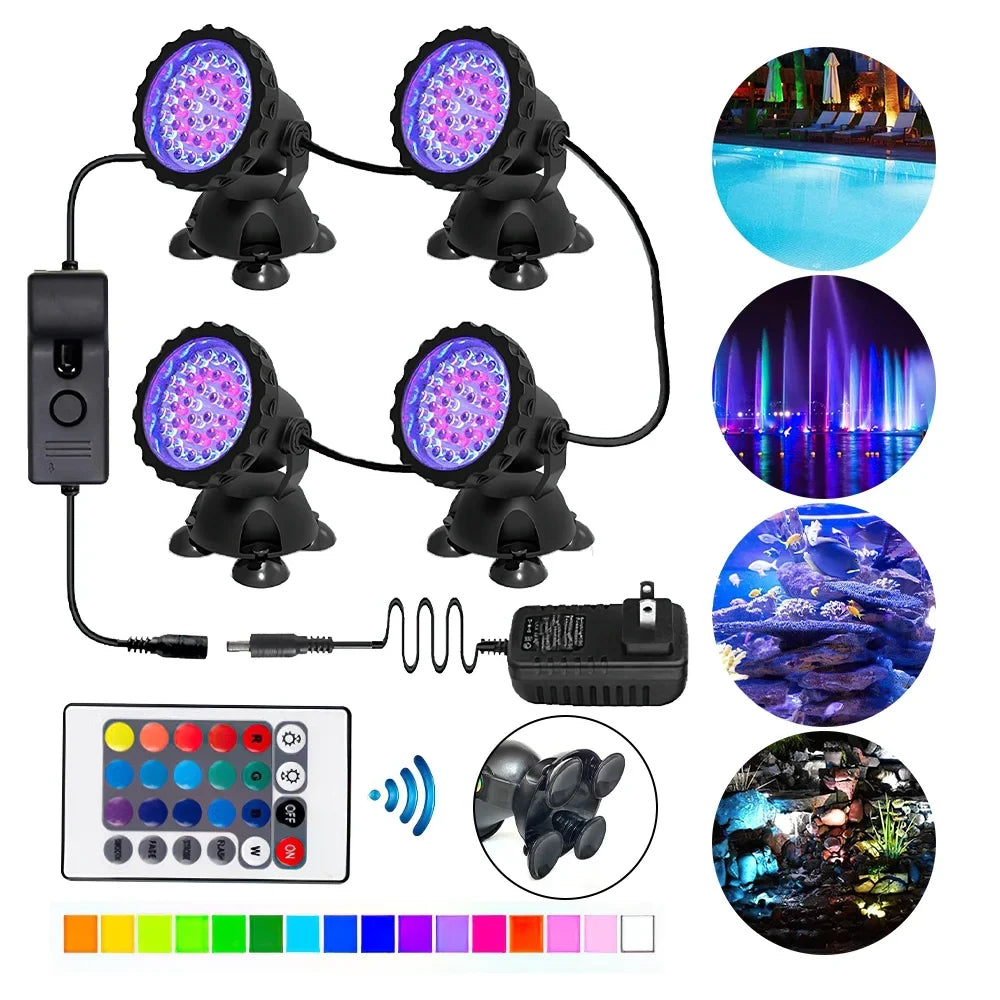 Swimming Pool Lights,DFITO 36 LED RGB Pond Spot Lights Underwater Pool Fountain IP68 4 lights + IR Remote