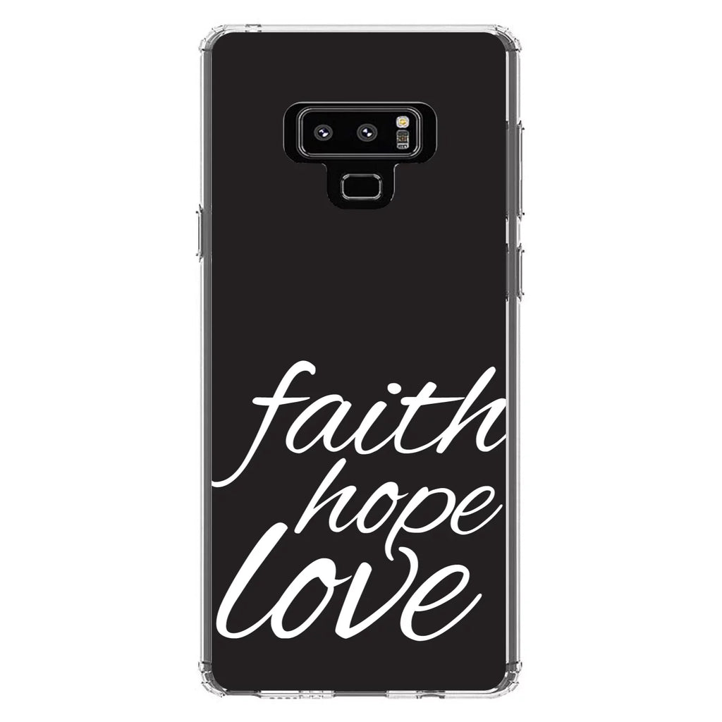 DistinctInk Clear Shockproof Hybrid Case Samsung Galaxy Note 9 - TPU Bumper, Acrylic Back, Tempered Glass Screen Protector - Faith / Hope / Love - Black & White - Christ