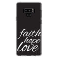 DistinctInk Clear Shockproof Hybrid Case Samsung Galaxy Note 9 - TPU Bumper, Acrylic Back, Tempered Glass Screen Protector - Faith / Hope / Love - Black & White - Christ