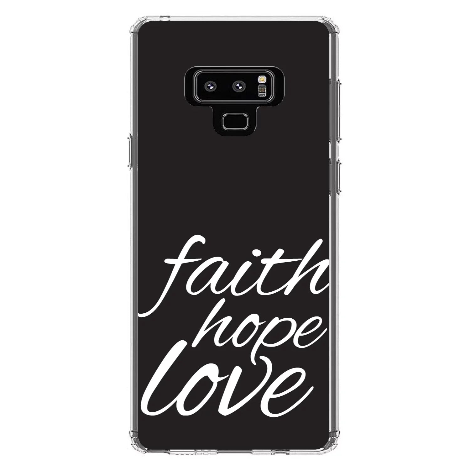 DistinctInk Clear Shockproof Hybrid Case Samsung Galaxy Note 9 - TPU Bumper, Acrylic Back, Tempered Glass Screen Protector - Faith / Hope / Love - Black & White - Christ