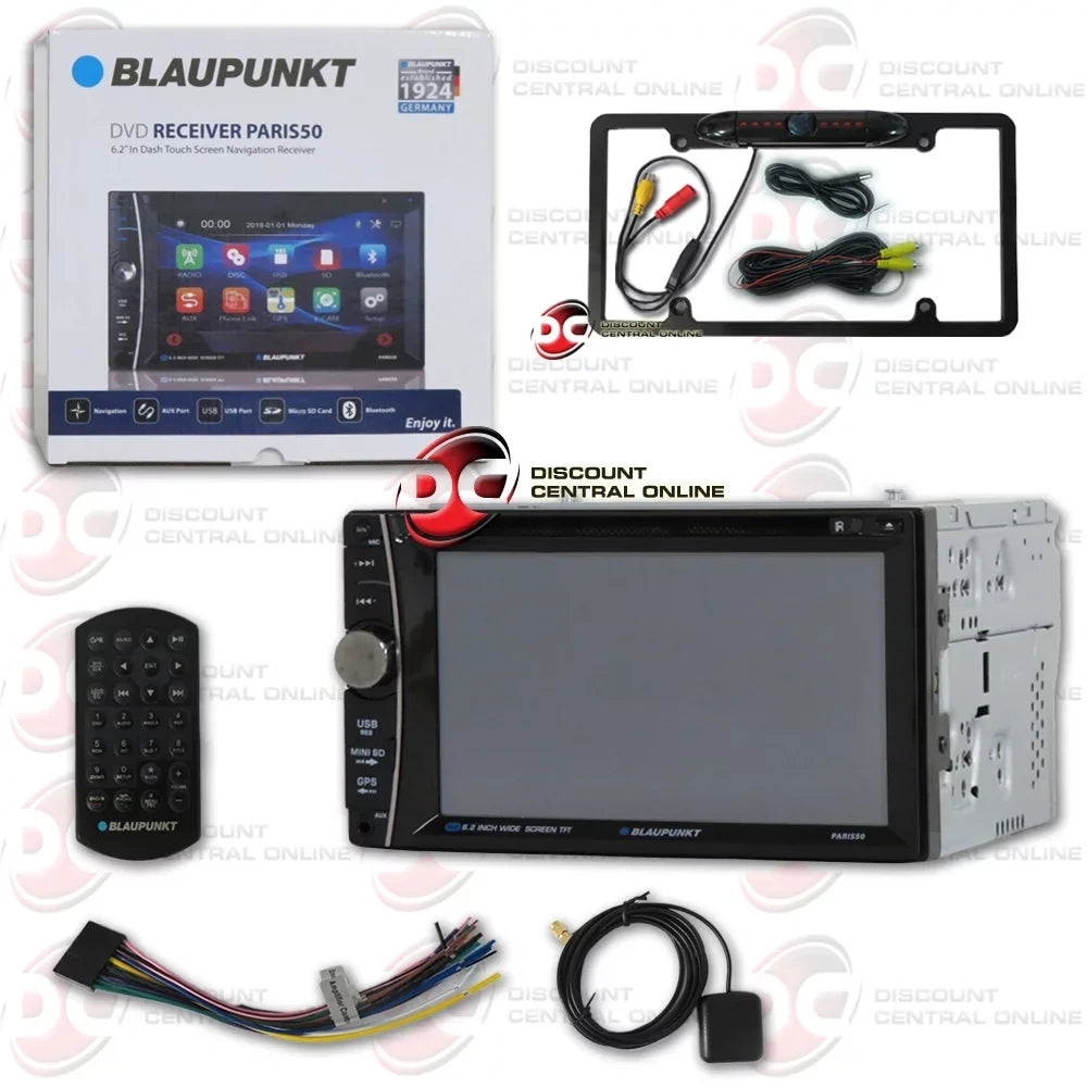 Blaupunkt Double DIN 6.2 Navigation DVD CD player stereo USB AUX & Bleutooth with DiscountCentralOnline FL09BK Full License plate Night vision Waterproof back-up camera