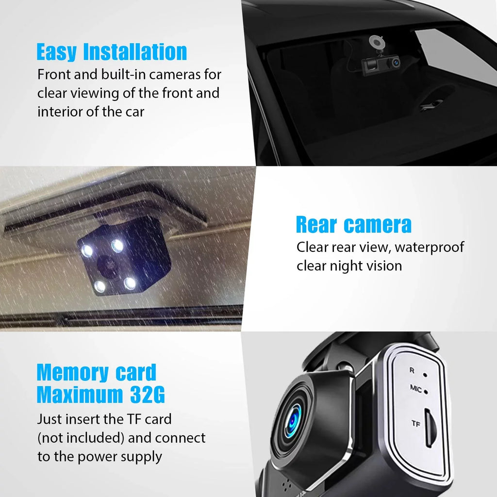 Dash Cam Front Rear Inside W/32GB TF Card, 3 Channel Dual Dash Camera, 1080P Car Camera DVR Backup Cam, 3 Way Triple Dashboard Driving Recorder, Inside IR Night Vision, G-Sensor
