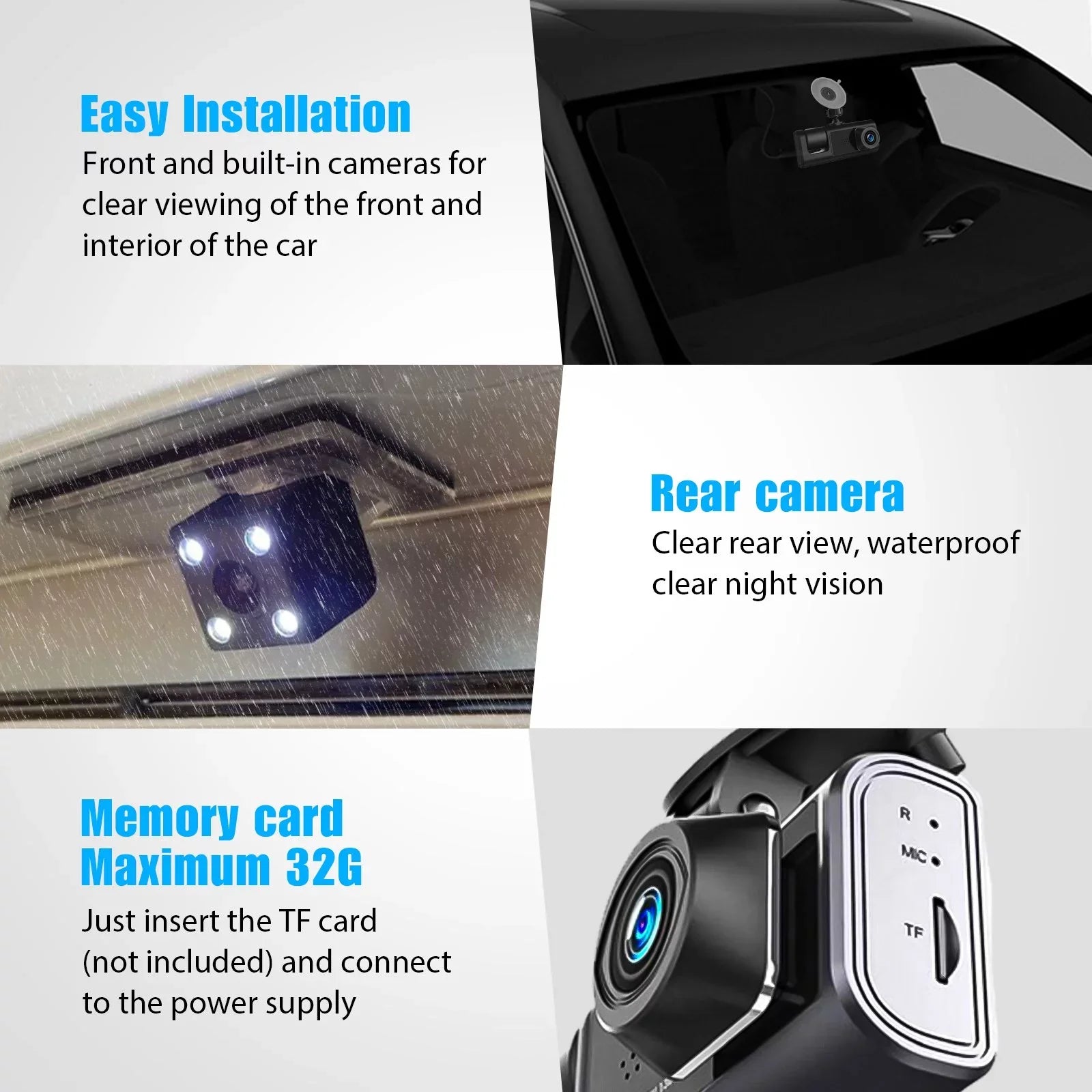 Dash Cam Front Rear Inside W/32GB TF Card, 3 Channel Dual Dash Camera, 1080P Car Camera DVR Backup Cam, 3 Way Triple Dashboard Driving Recorder, Inside IR Night Vision, G-Sensor