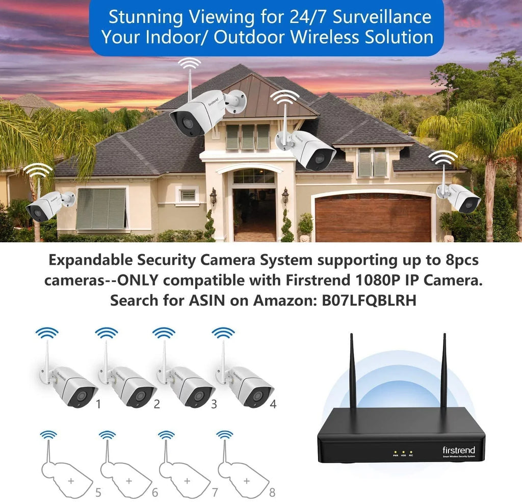 Security Camera System Wireless,Firstrend 1080P 8CH Wireless Home Security Systems with 4pcs 3MP Full HD Cameras 1TB HDD Night Vision Motion Detection Free App Indoor Outdoor Video Surveillance