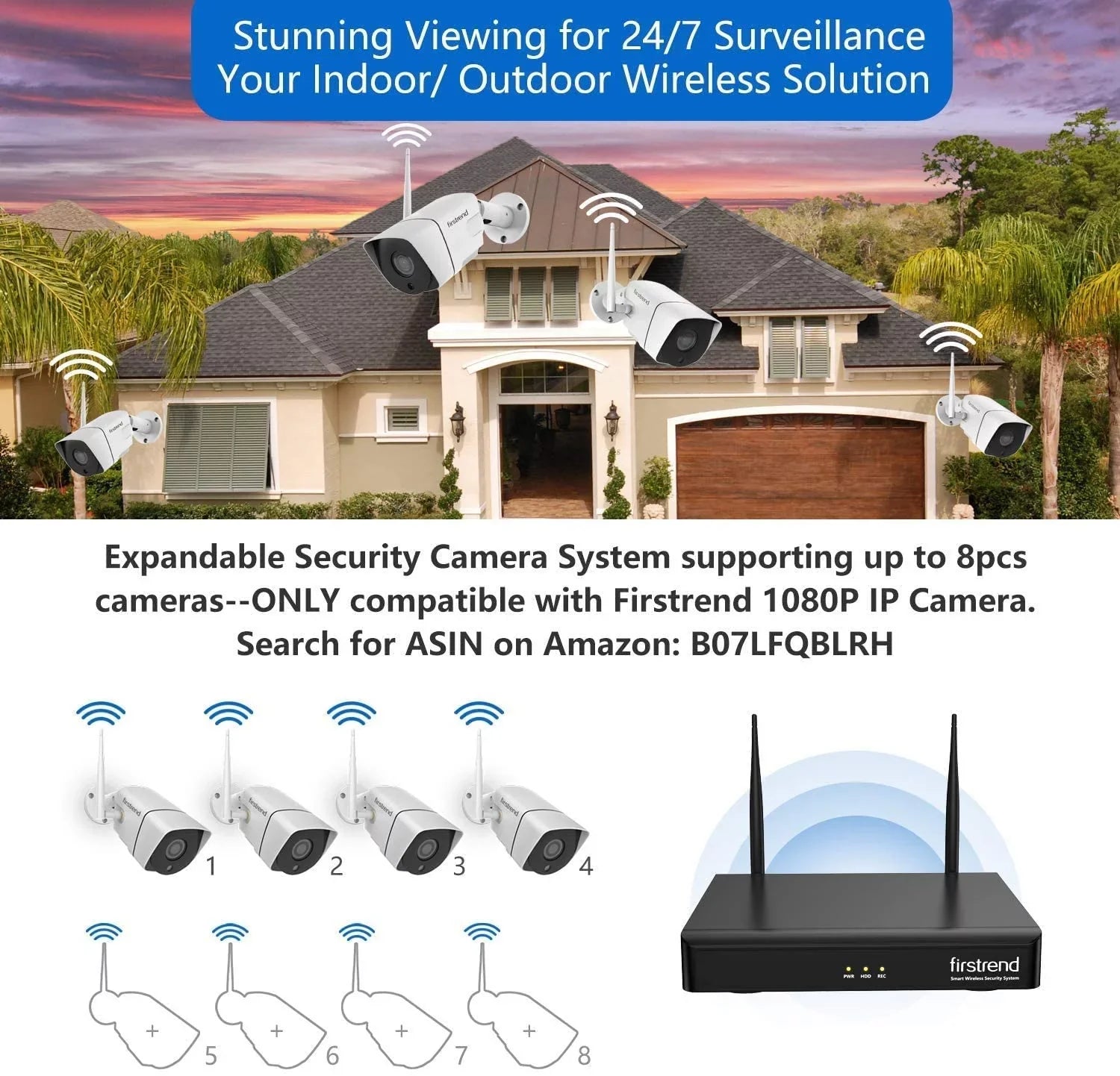 Security Camera System Wireless,Firstrend 1080P 8CH Wireless Home Security Systems with 4pcs 3MP Full HD Cameras 1TB HDD Night Vision Motion Detection Free App Indoor Outdoor Video Surveillance