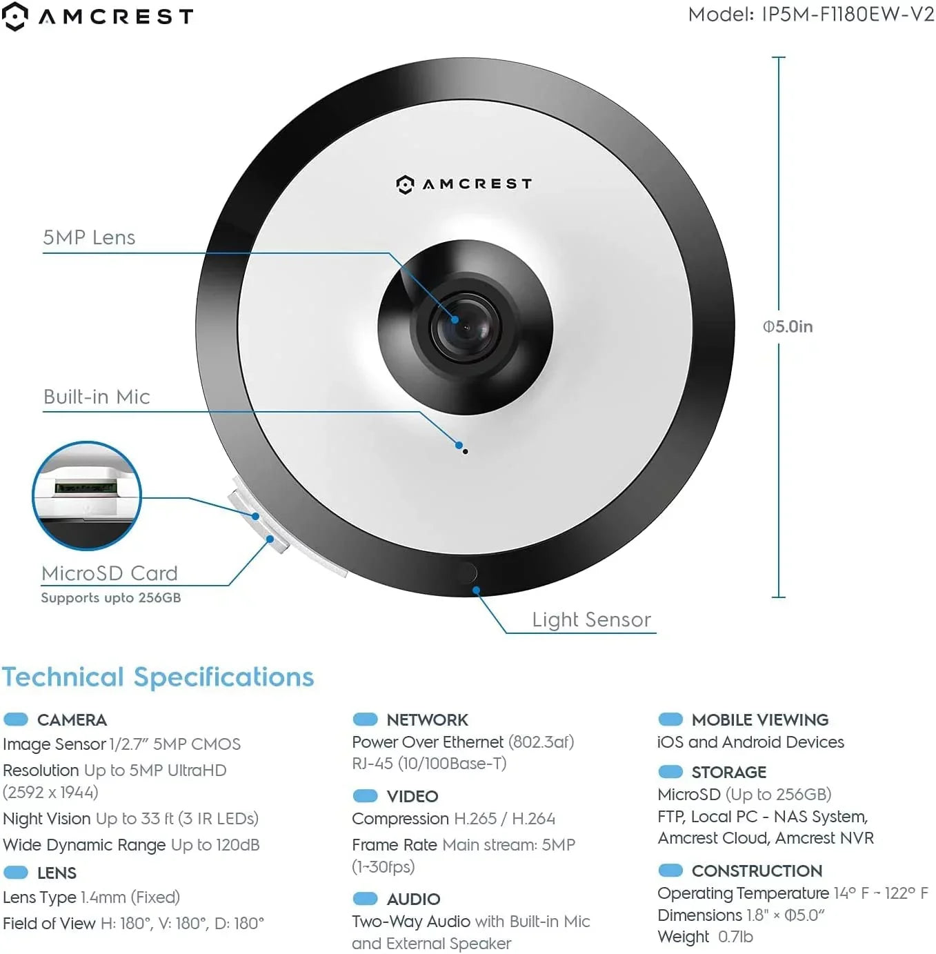Amcrest 5-Megapixel Fisheye Camera, UltraHD Security PoE Camera Indoor, 1.4mm Lens, 33ft Nightvision, 360° Panoramic Camera Protection Cloud and MicroSD Recording, IP5M-F1180EW (White)