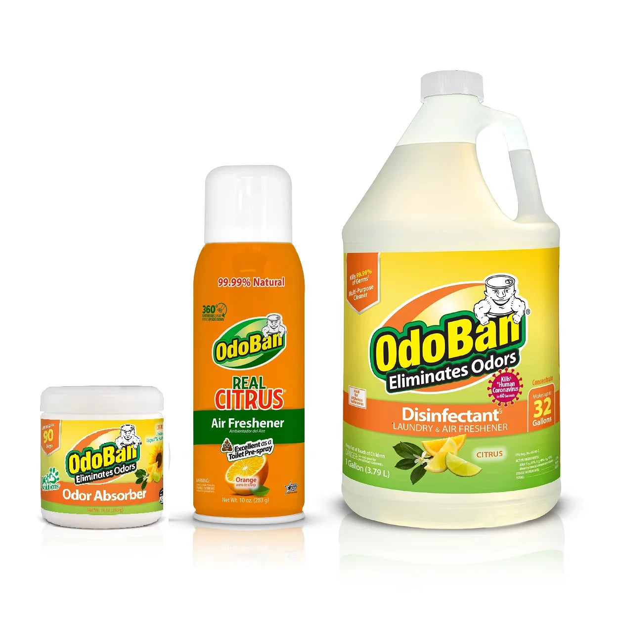 OdoBan Aroma Eliminator Set, 10 Ounce 360-Degree Continuous Spray Natural Oil Real Citrus Orange Air Freshener, 1 Gallon Multipurpose Disinfectant Cleaning Concentrate, 14 Ounce Solid Scent Absorber