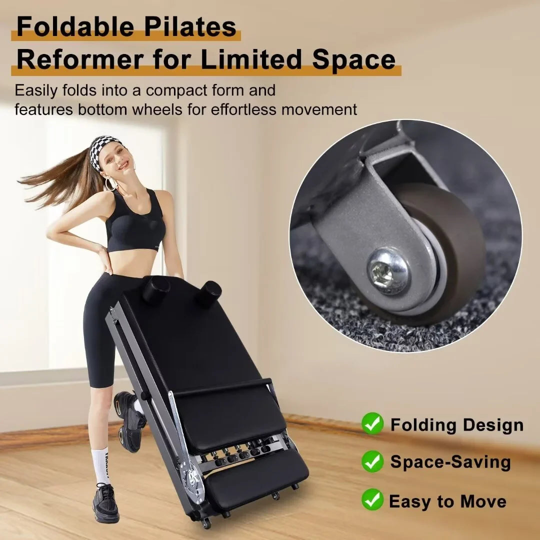 Docred Foldable Pilates Remer,Quiet Pilates Remer Workout Machine with Spring Home Gym，Beginners，Up to 300 lbs Weight Capacity