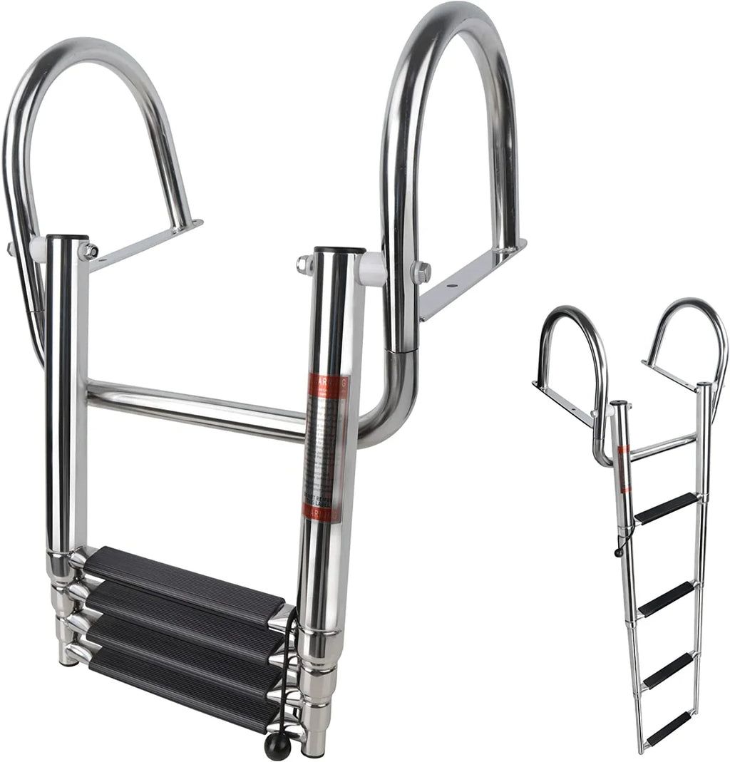 4 Step Pontoon Vessel Ladder,Heavy Duty Telescoping Watercraft Boarding Ladder with Wide Steps, Folding Craft Swim Ladder,Dock Ladder with Hand Railings