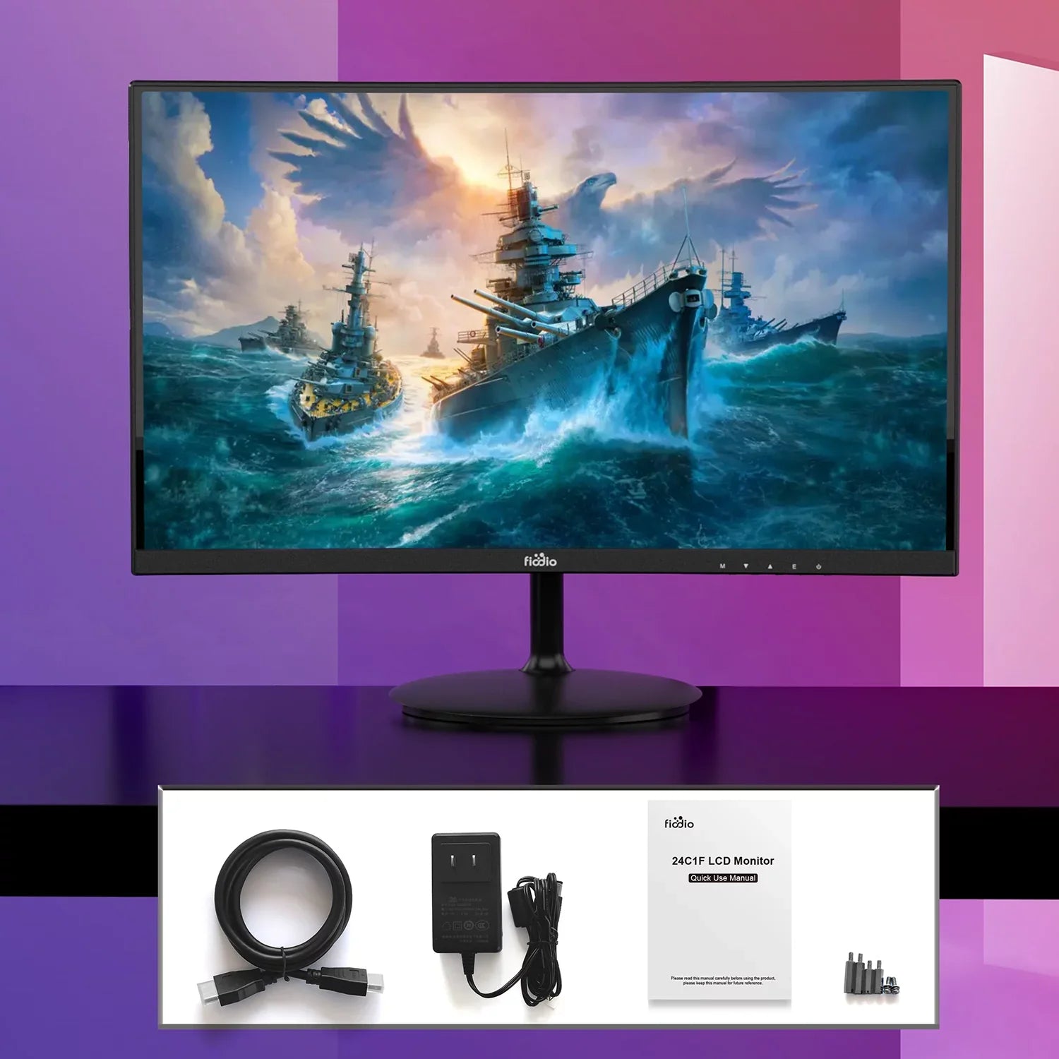 Fiodio 24" Curved FHD 1080P 75Hz Refresh Rate LED Monitor HDMI VGA Ports with Speakers, VESA Wall Mount Ready (HDMI Cable Included)