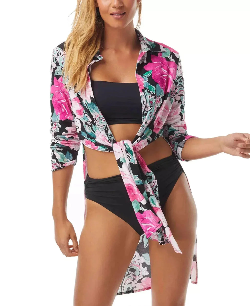 Carmen Marc Valvo Floral-Print Tie-Front Coating