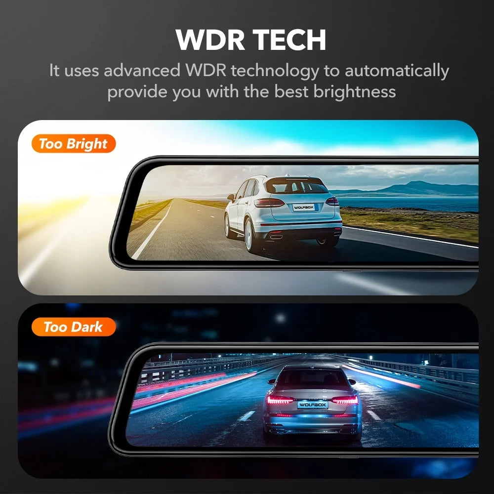 WOLFBOX Rear View Mirror Dash Camera, 12" 4K Mirror Dash Cam, Backup Camera with Full Touch Screen, Parking Monitor, Free 32GB Card & GPS