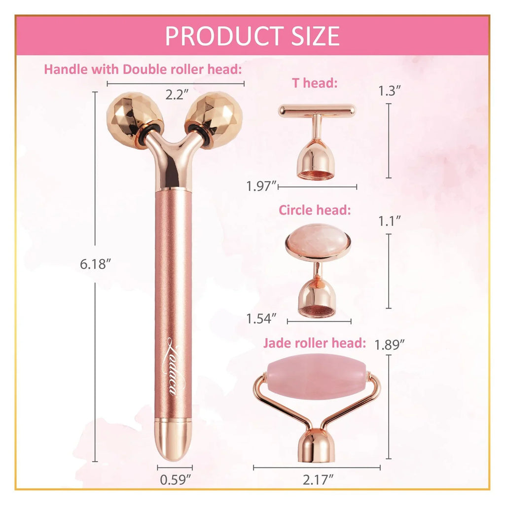 4 in 1 Electric Vibrating Facial Roller & Face Massager Kit, Rose Quartz Jade Rollers Under Eye & V Lifting Skin Care Beauty Bar