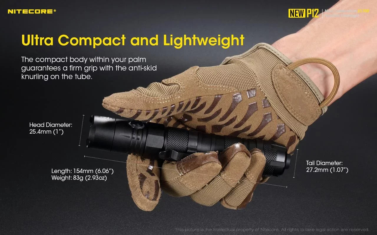 Nitecore New P12 Version LED Flashlight - 1200 Lumens w/NL2150HPR Battery, USB Cord, Offset Mount and RSW3 Pressure Switch
