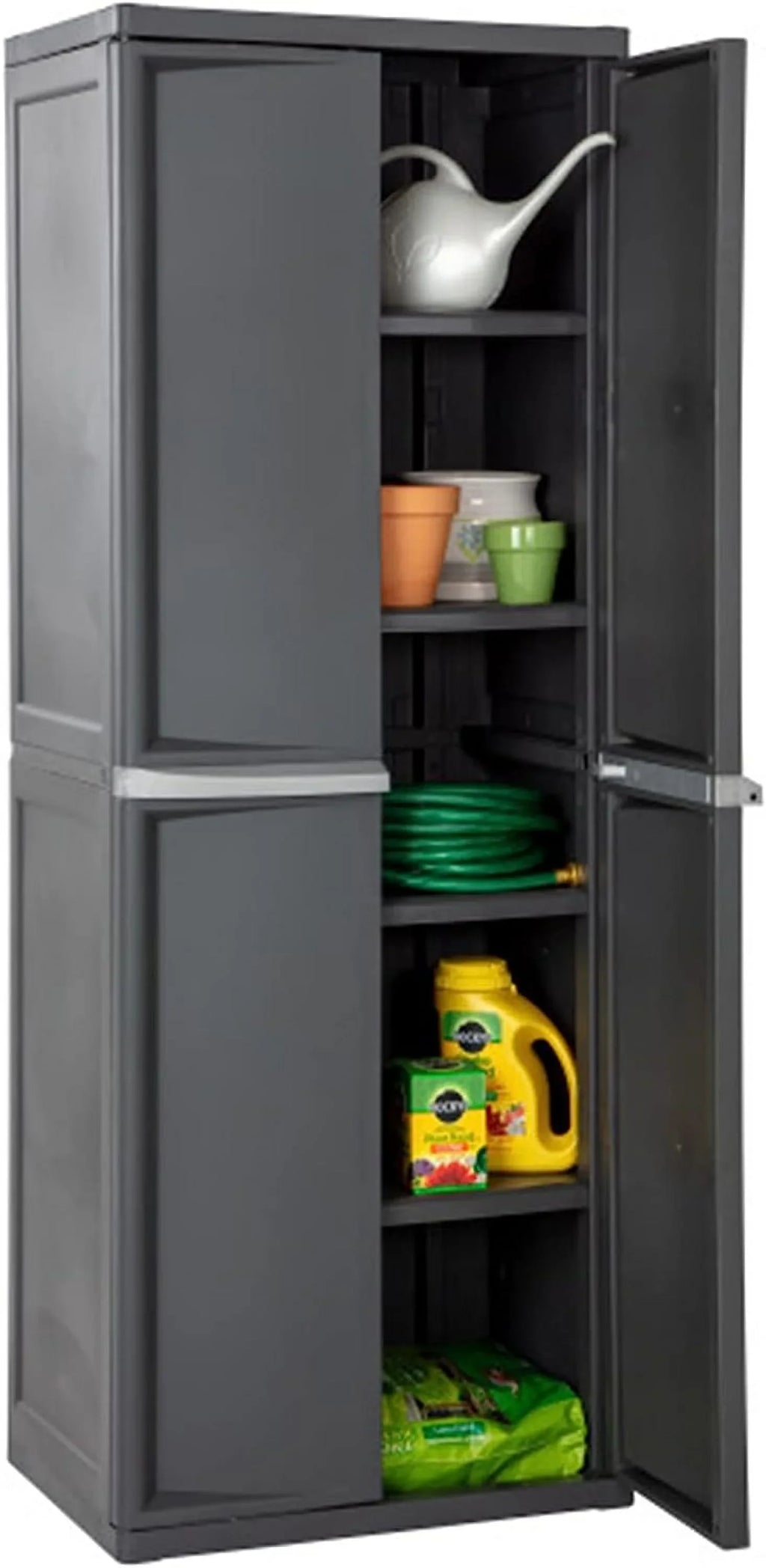 HOZO 4 Shelf Cabinet, Heavy Duty and Easy to Assemble Plastic Storage Unit, Organize Bins in the Garage, Basement, Attic, Mudroom, Gray, 1-Pack