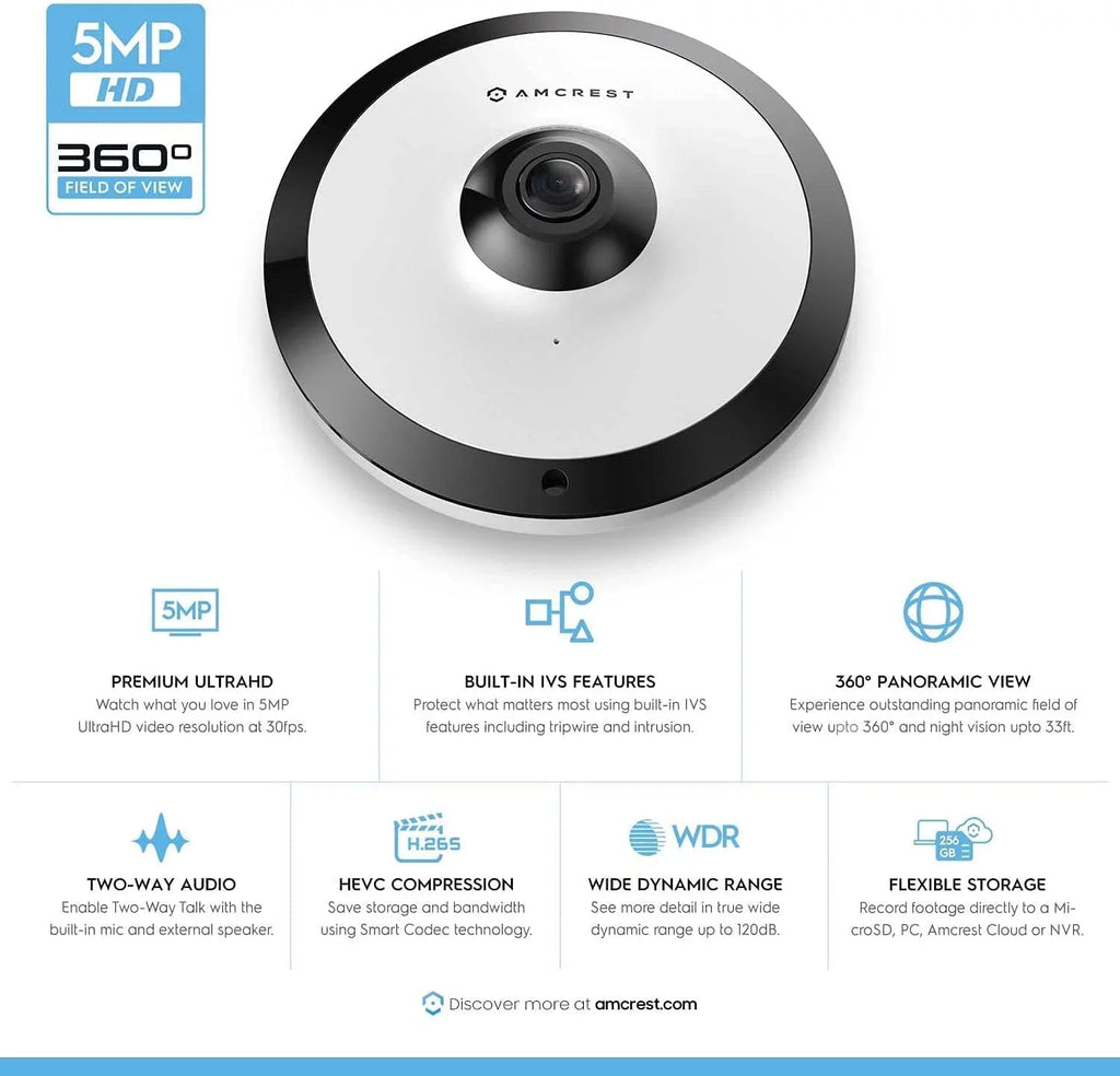 Amcrest 5-Megapixel Fisheye Camera, UltraHD Security PoE Camera Indoor, 1.4mm Lens, 33ft Nightvision, 360° Panoramic Camera Protection Cloud and MicroSD Recording, IP5M-F1180EW (White)