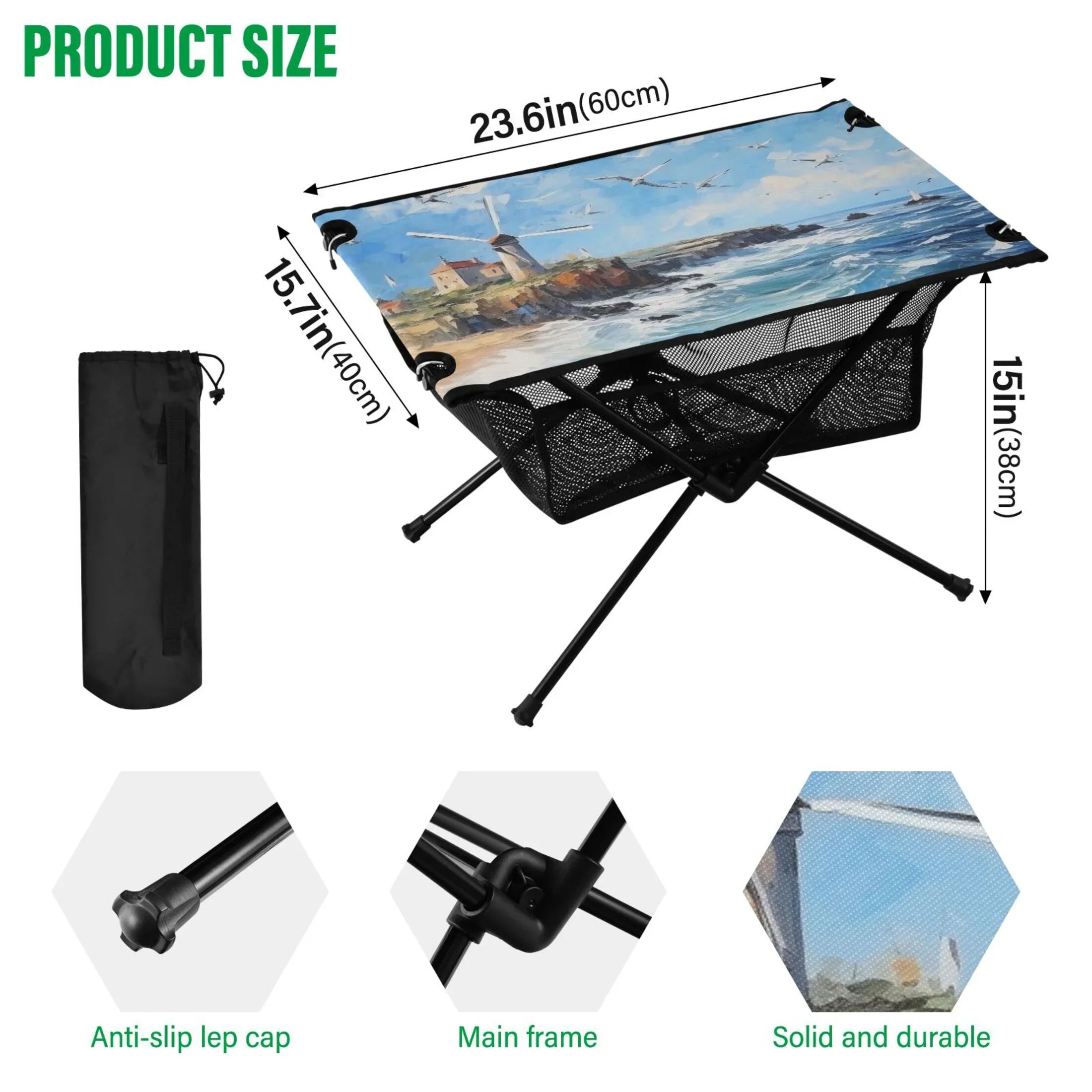 Landscape Paint Camping Foldable Portable Table Beach Table with Storage Bag Compact Picnic Table Outdoor Hiking Fishing BBQ