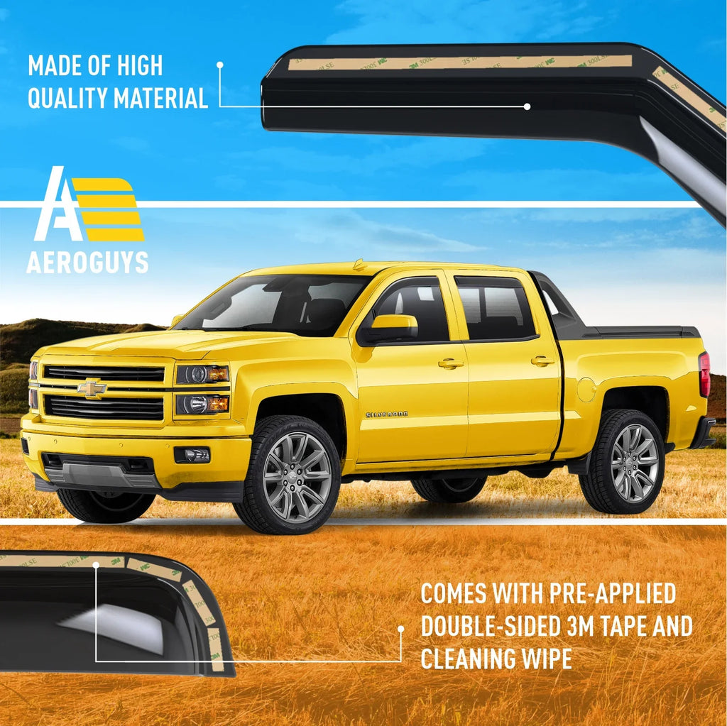 AEROGUYS In-Channel Window Deflectors Extra Long-lasting Window Visors Rain Guards Fit Chevrolet (Chevy) Silverado 1500 2014-2018 Crew Cab, Sun Visors, Wind Vent Visors, Truck Accessories -4pcs. AG0421