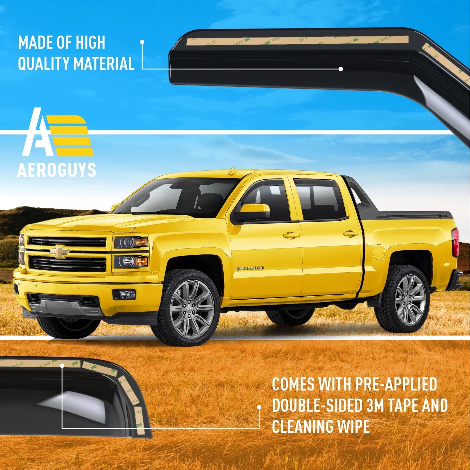 AEROGUYS In-Channel Window Deflectors Extra Long-lasting Window Visors Rain Guards Fit Chevrolet (Chevy) Silverado 1500 2014-2018 Crew Cab, Sun Visors, Wind Vent Visors, Truck Accessories -4pcs. AG0421