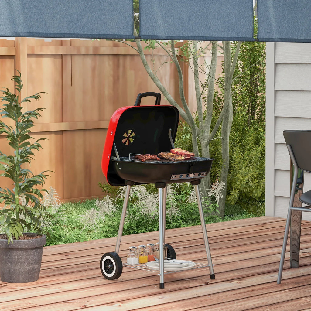 Outsunny Portable Charcoal Grill with Wheels Bottom Shelf Picnic, Red