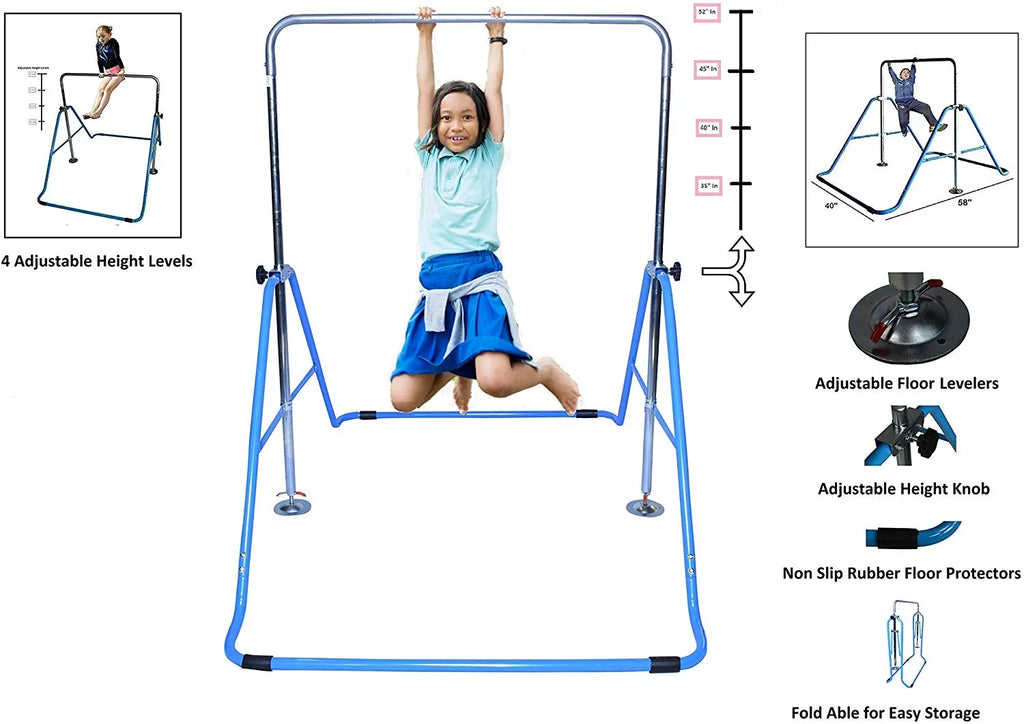 Expandable Gymnastics Kip Bar Gymnastic Training Kip Bar Adjustable Height Horizontal Bar Monkey Bars Folding Climbing Tower Fitness Kids with Mat Blue
