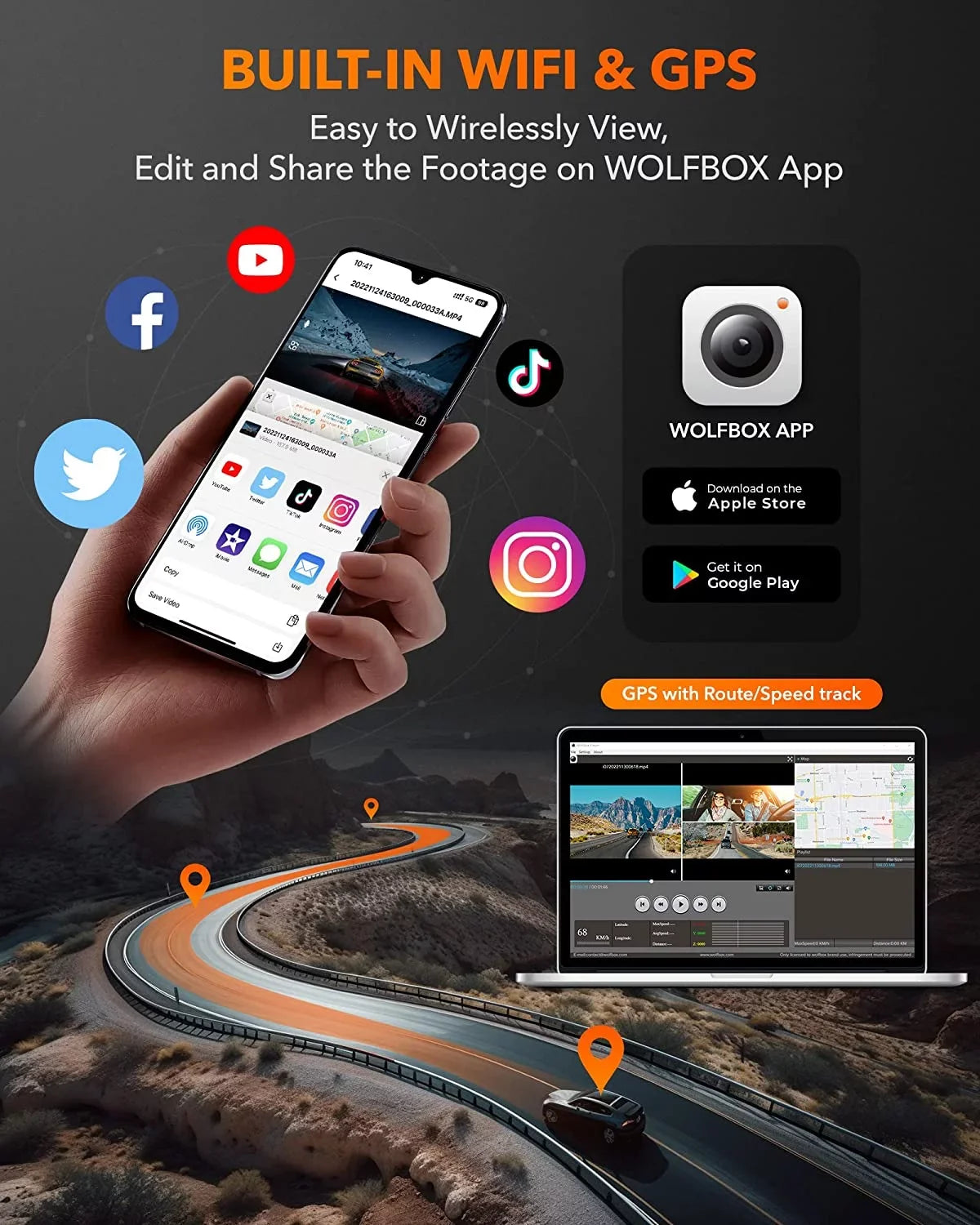 WOLFBOX 4K Dash Cam 3 Channel, WiFi&GPS, 3" LCD DashCam Front and Rear with Super IR Night Vision, Loop Recording, G-Sensor, 24H Parking Monitor