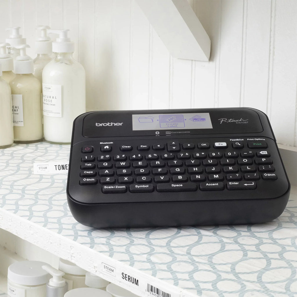 Brother P-touch Business Professional Connected Label Maker PT-D610BTVP with Bluetooth® Connectivity, includes carry case and 4m Black Print on Clear Sample Label Tape ~1/2” (12mm).