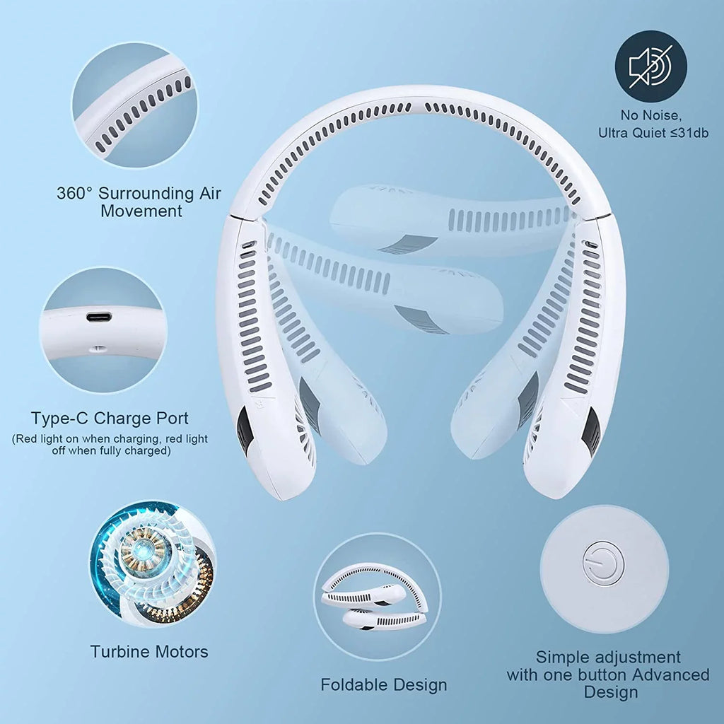 Morttic Portable Neck Fan, Foldable Bladeless Fan Wearable Personal Fan Hands Free Cooler Fan 5000 mAh 3 Speeds, 360 Degrees Airflow USB Rechargeable Fan Perfect Outdoor Travel Sport (White)