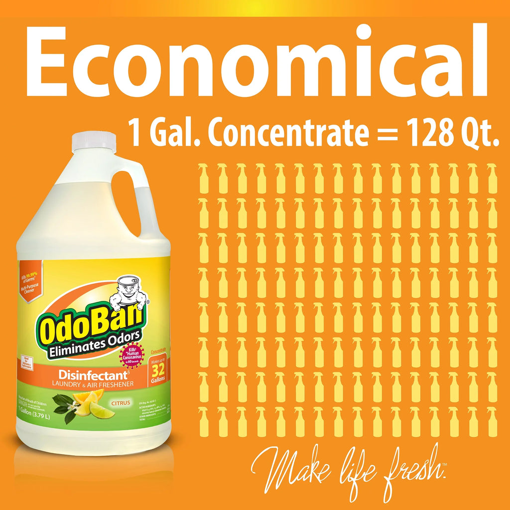 OdoBan Aroma Eliminator Set, 10 Ounce 360-Degree Continuous Spray Natural Oil Real Citrus Orange Air Freshener, 1 Gallon Multipurpose Disinfectant Cleaning Concentrate, 14 Ounce Solid Scent Absorber