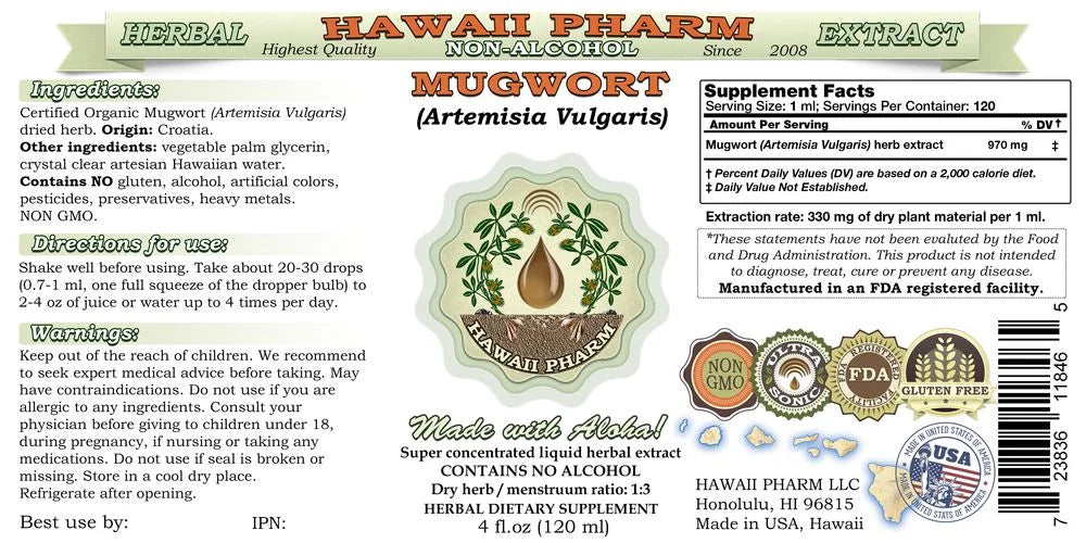 Mugwort (Artemisia Vulgaris) Glycerite, Organic Dried Herb Alcohol-Free Liquid Extract, Ai Ye, Glycerite Herbal Supplement 2 oz