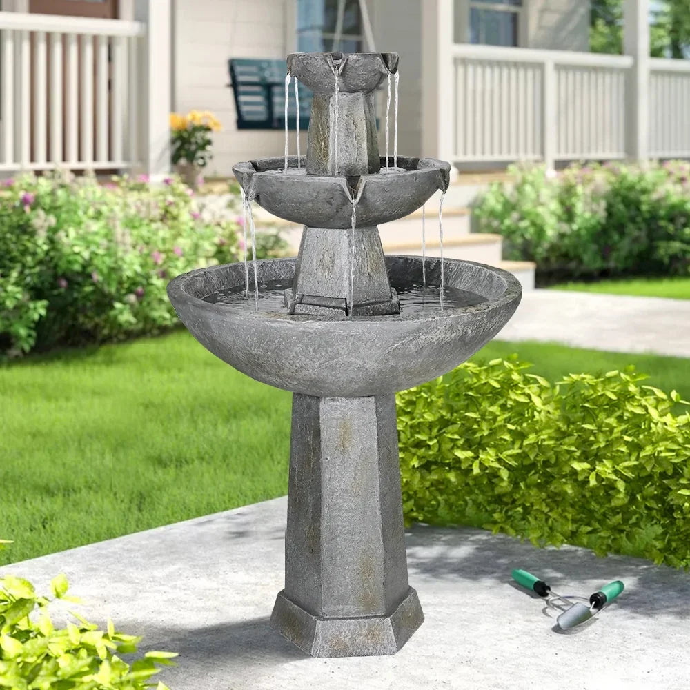 3 Tier Freestanding Waterfall Fountain, 43.3in H Outdoor Fountain with Bird Bath Decor Garden Patio Backyard Deck Home Lawn Porch