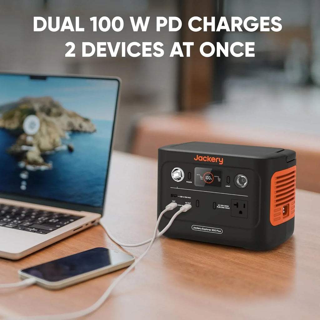 Jackery Explorer 300 Plus Portable Power Station, 288Wh Backup LiFePO4 Battery, 300W AC Outlet, 3.75 KG Solar Generator RV, Outdoors, Camping, Traveling, and Emergencies