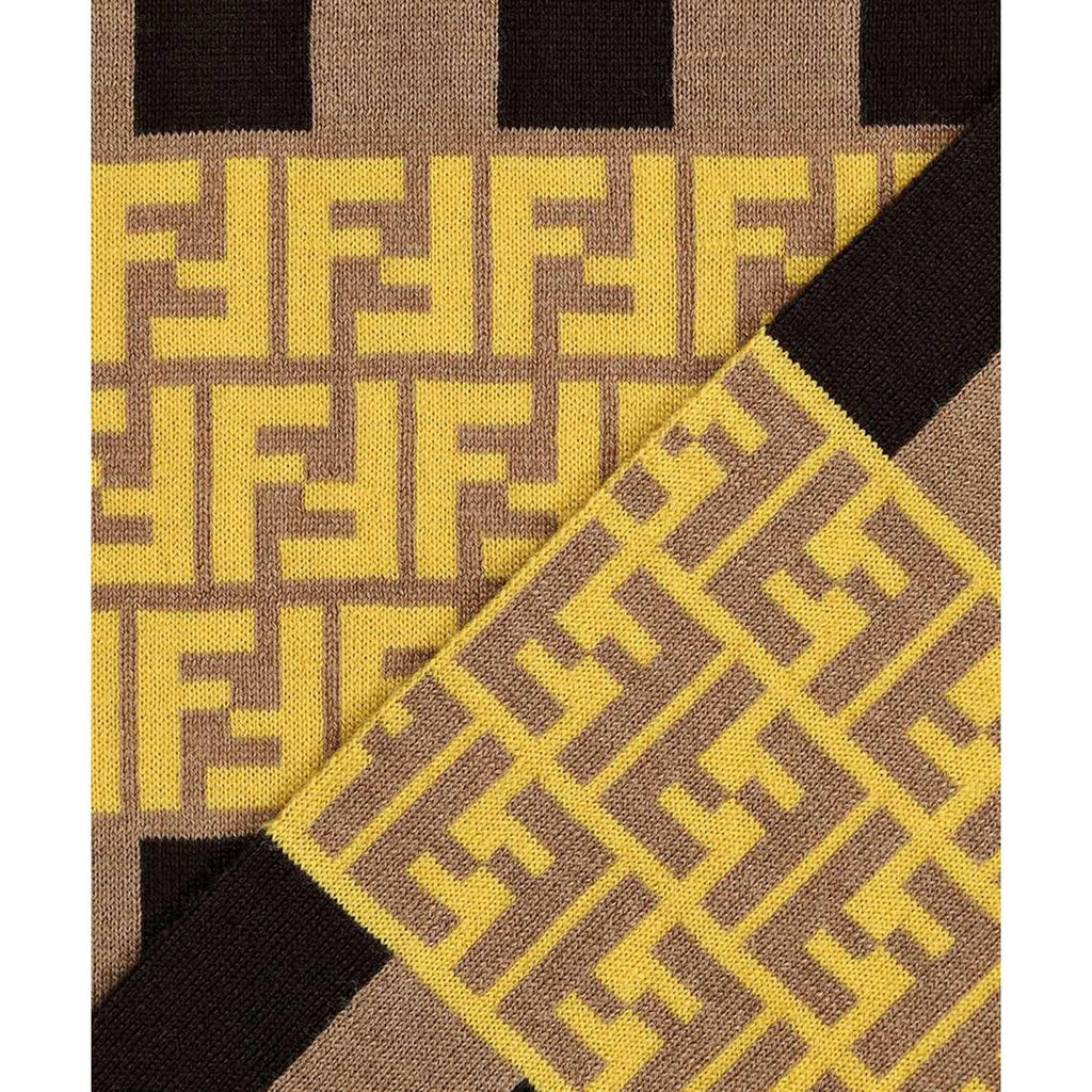Fendi FF Print Striped Brown and Yellow Knitted Wool Scarf FXS124