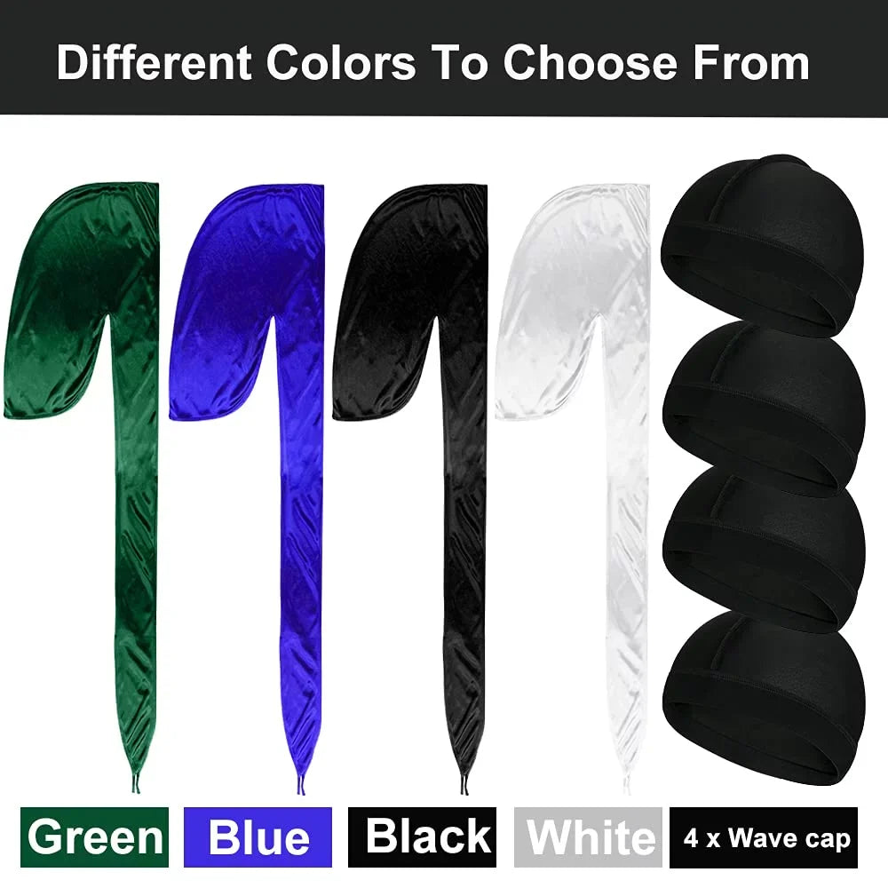 ASKNOTO 4 Pcs Silky Men Durag Headwraps with Long Tail and 4 Pcs Silk Wave Cap Perfect 360 Waves
