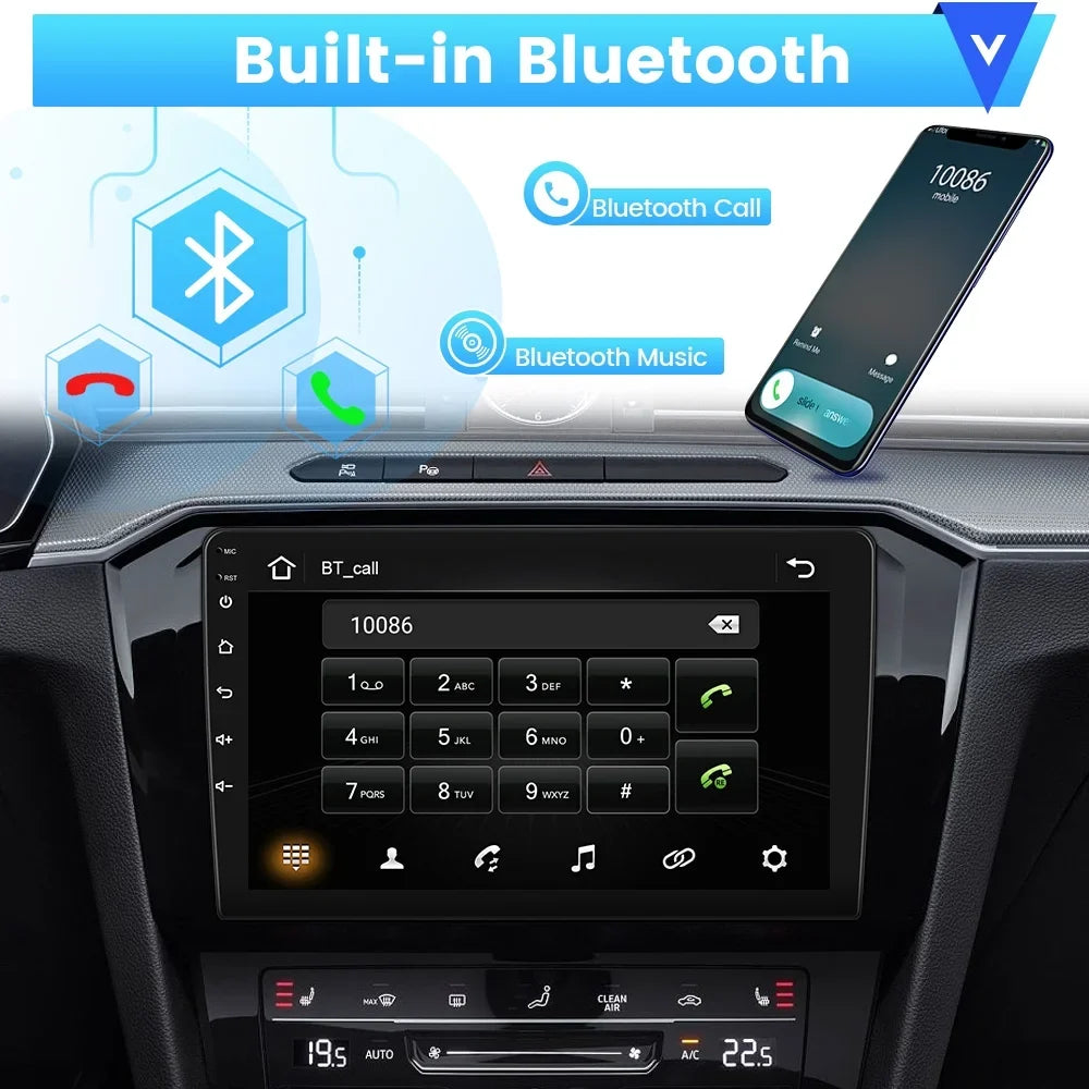 Podofo 2+64G Universal 9'' Double Din Car Stereo Radio Wireless Carplay Android Auto Mirror Link Touch Screen 1080P Car Multimedia Player Bluetooth USB WIFI GPS FM, Microphone&AHD Backup Camera