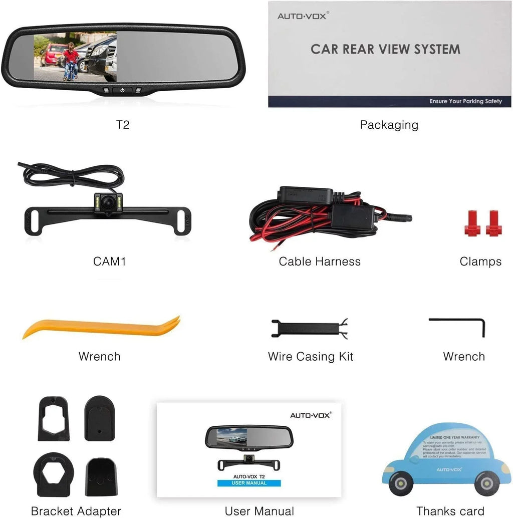 AUTO-VOX 4.3”LCD OEM Rear View Mirror Monitor with IP 68 Waterproof Back Up Car Camera, Night Vision Back Up Camera System Parking & Reversing (T2 )