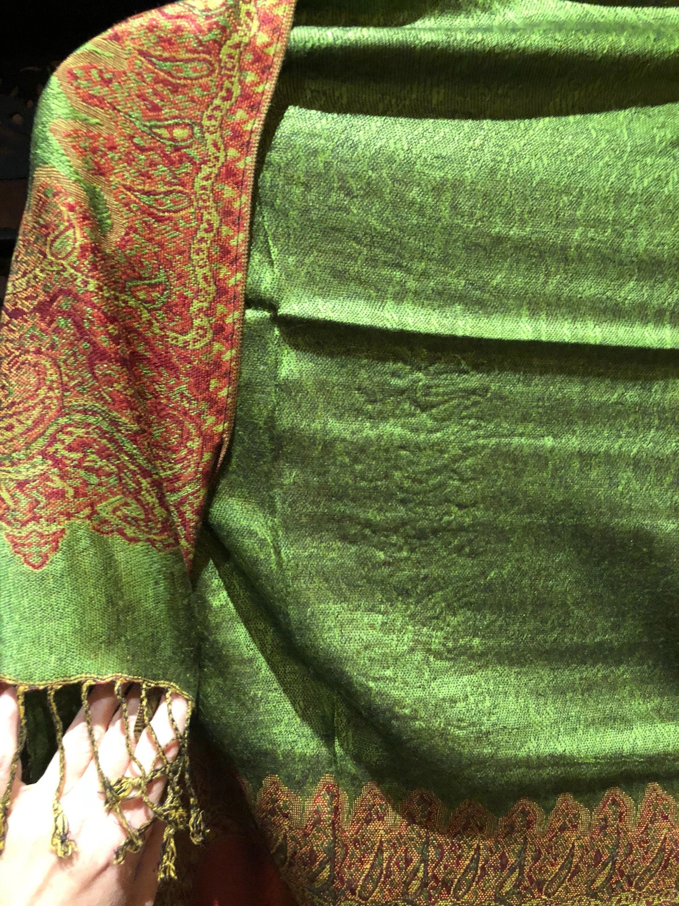 Green Red Reversible Vintage Paisley Brocade Pashmina Scarf Wrap