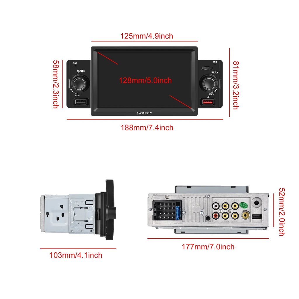 Podofo Car Mp5 Player Carplay Car Stereo Radio 5'' Touch Screen Universal Car Multimedia Player with Bluetooth FM Radio Receiver Support TF/USB Rear View