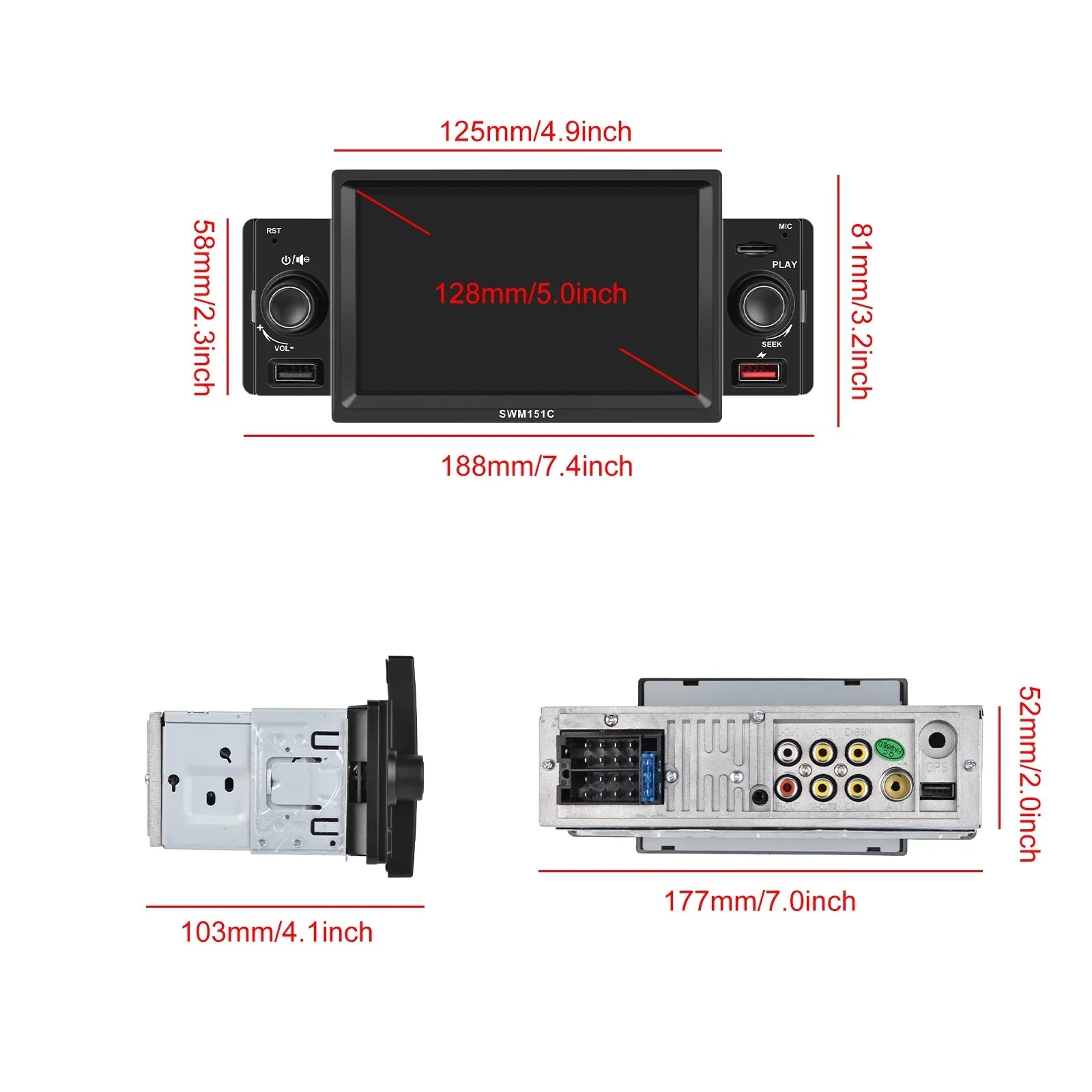 Podofo Car Mp5 Player Carplay Car Stereo Radio 5'' Touch Screen Universal Car Multimedia Player with Bluetooth FM Radio Receiver Support TF/USB Rear View
