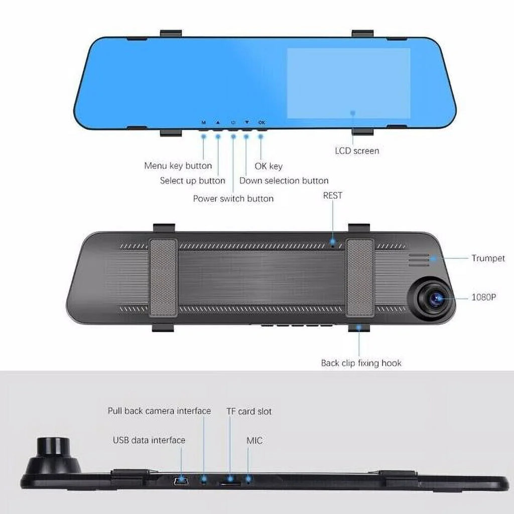 Fithood 1080P Rearview Mirror Car DVR Dual Dash Cam Camera Front Rear HD Video Recorder